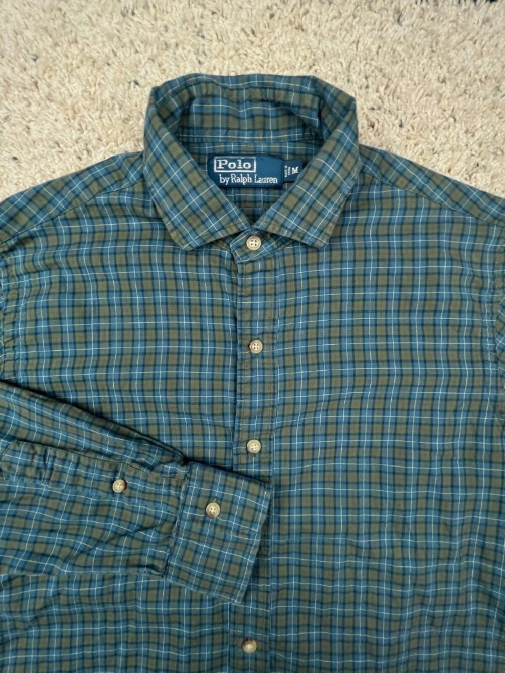 Polo Ralph Lauren Button Up Shirt Men Medium Green Plaid Thin Flannel Fall
